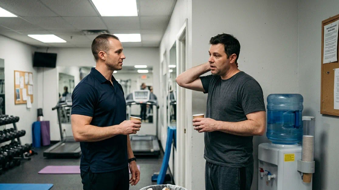 Two men talking by a gym water cooler, one rubbing his neck