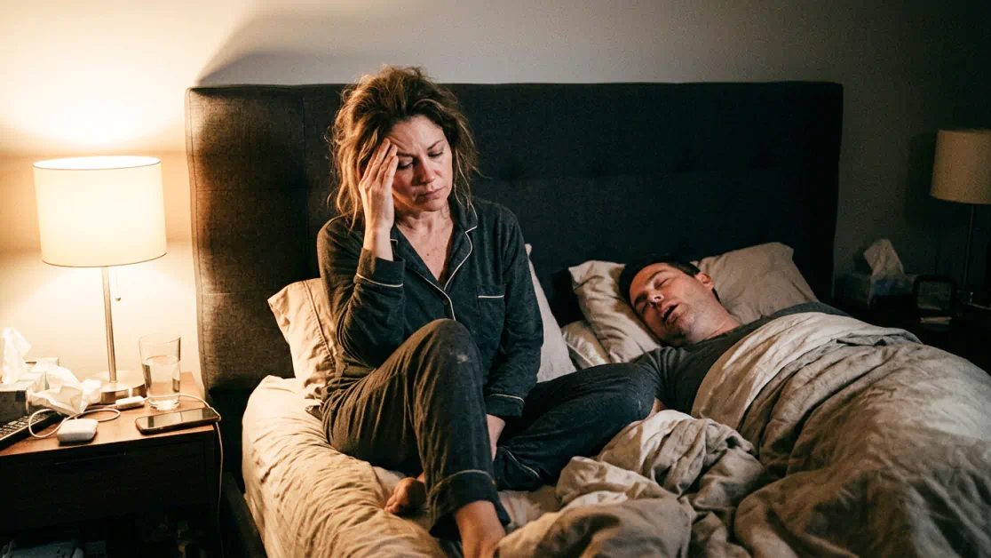 Tired wife sitting up in bed at night while husband sleeps on a flat, bunched pillow