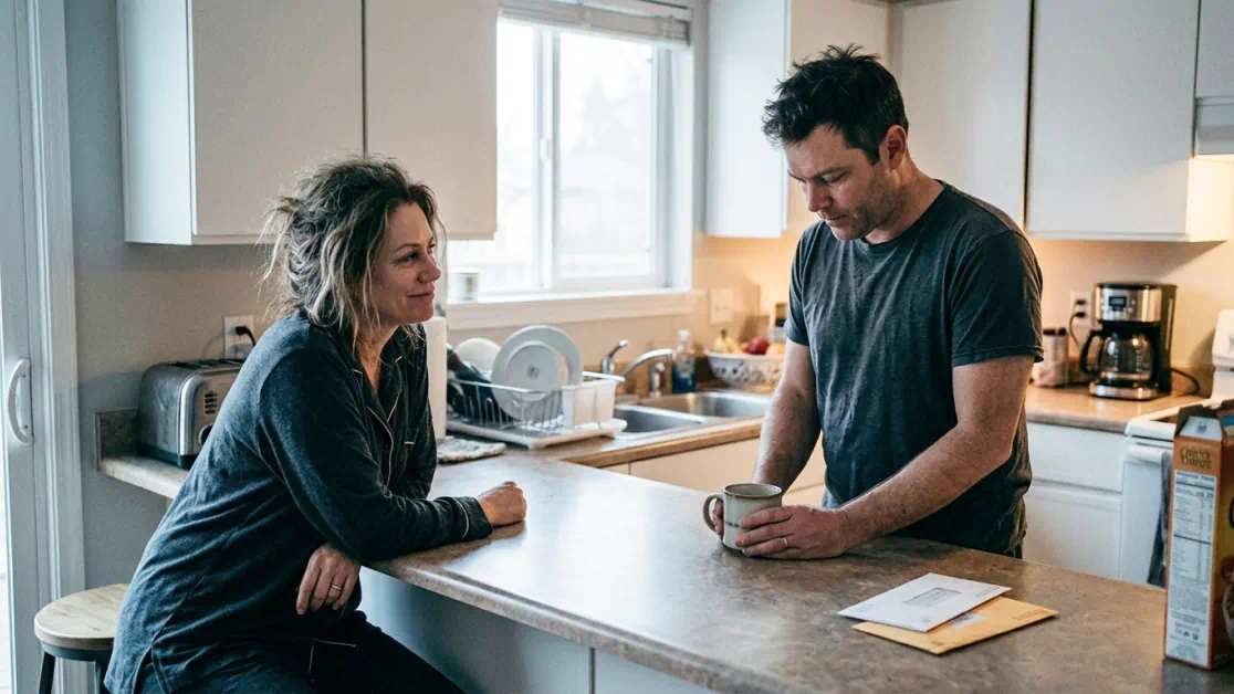 Husband apologizing to his tired wife over morning coffee