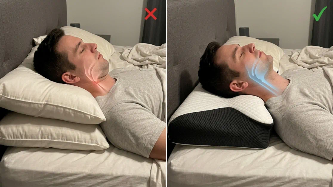 Comparison: flat pillow causing chin-tuck vs Morrow supporting the neck and open airway