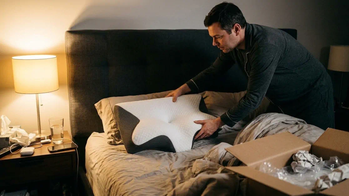 Man placing the new pillow on his bed for the first night