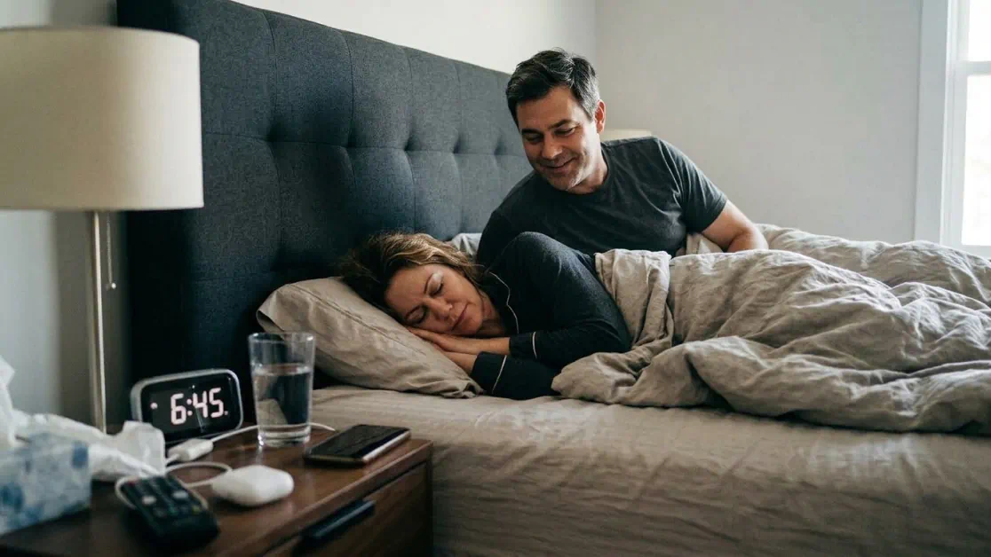 Alarm clock at 6:45 with the wife still asleep next to her husband
