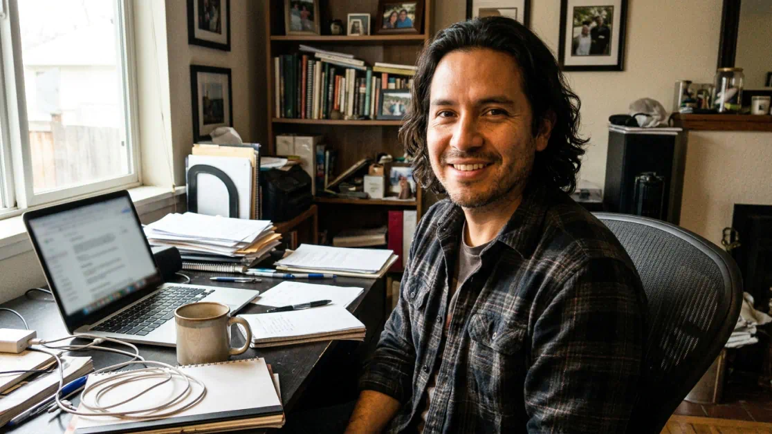 Carlos M. smiling at his home office desk